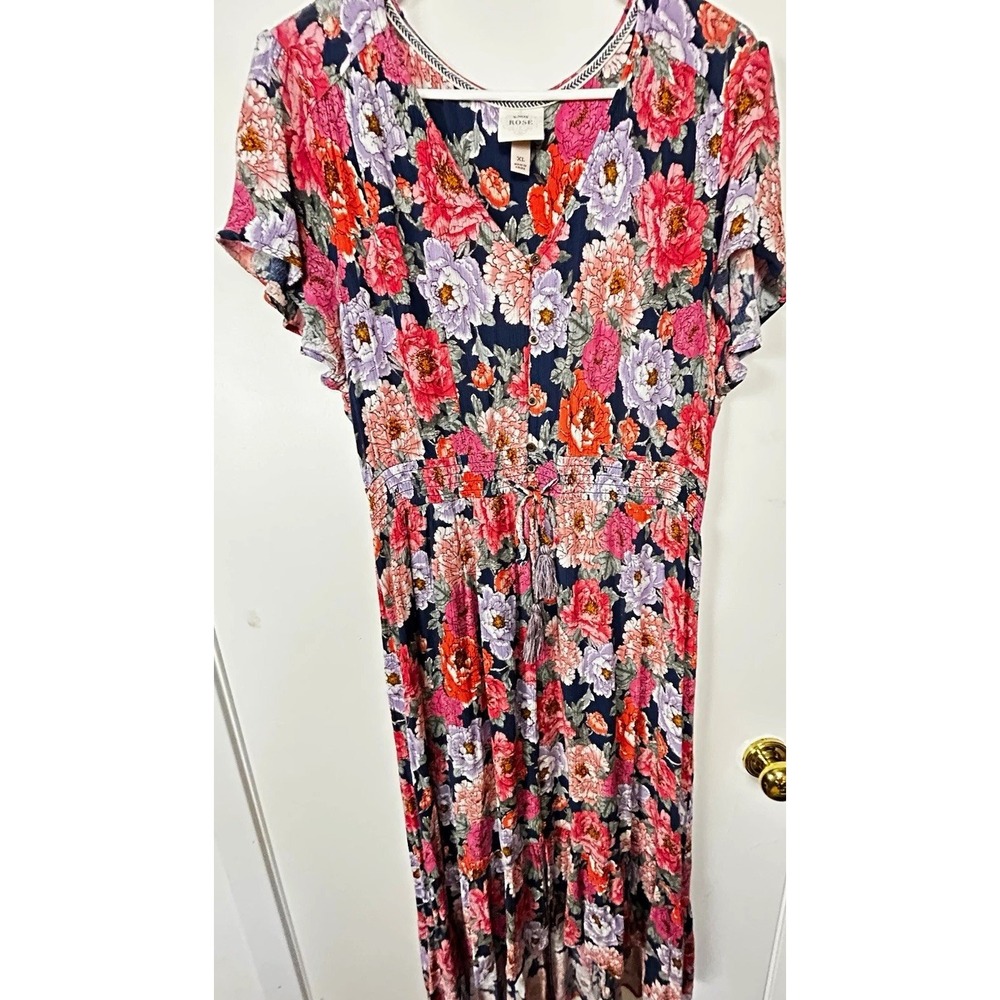 Knox Rose Floral Maxi Dress XL Rayon Button Front Smocked Waist Tassel Tie